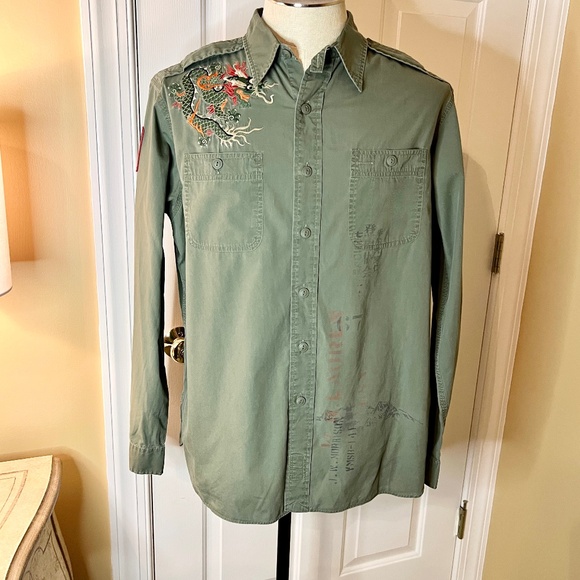RARE Men's Polo Ralph Lauren Rare Embroidered Dragon Army Green Shirt Size LARGE - Picture 1 of 6